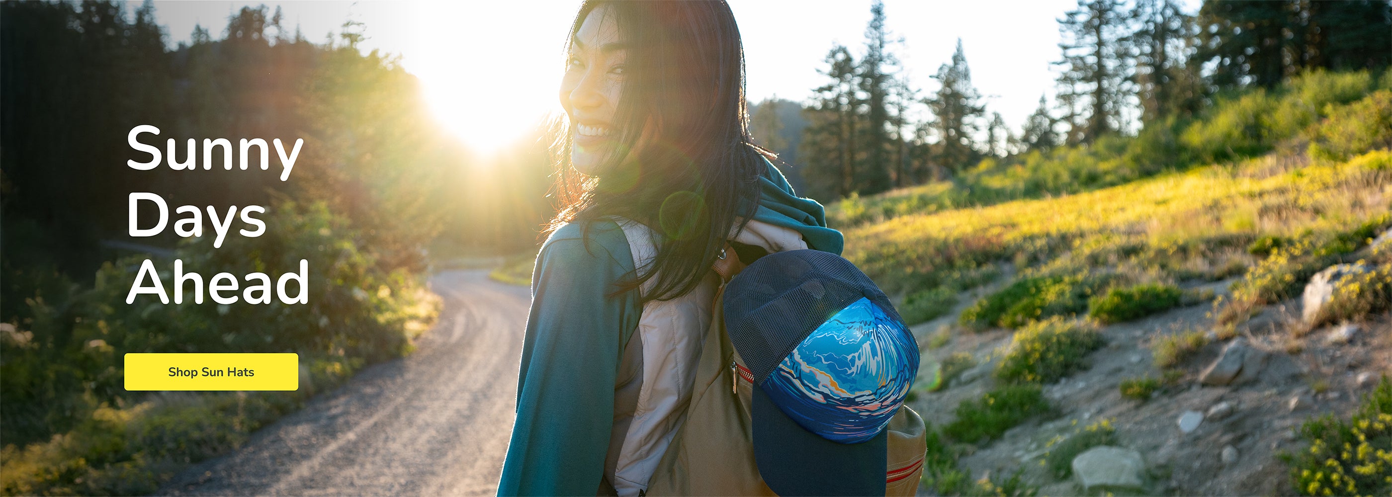 Person with a backpack on a sunny path with text 'Sunny Days Ahead' and a button that says "Shop Sun Hats".