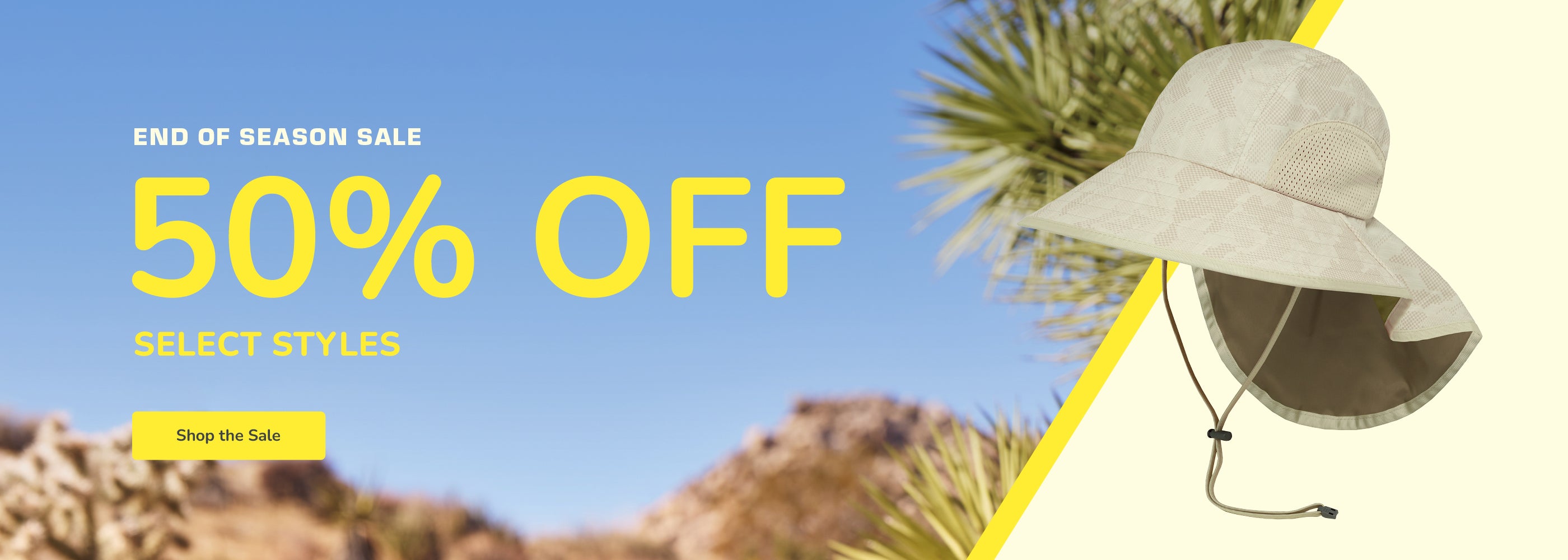 A promotional banner for a sun hat with a large brim and neck cord. The hat is shown on the right against a split background of blue sky and desert scenery, with large yellow text reading '50% OFF' and 'END OF SEASON SALE' on the left.