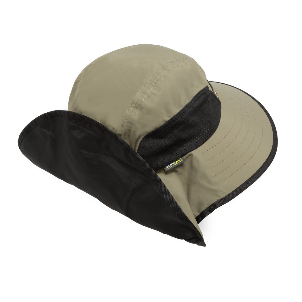 A studio photo of the back of the Adventure Hat, showing the flap up
